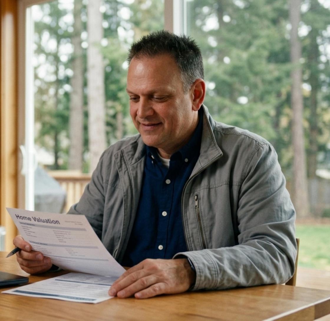 Steve McNamer reviewing a home valuation report at a kitchen table in Pierce County