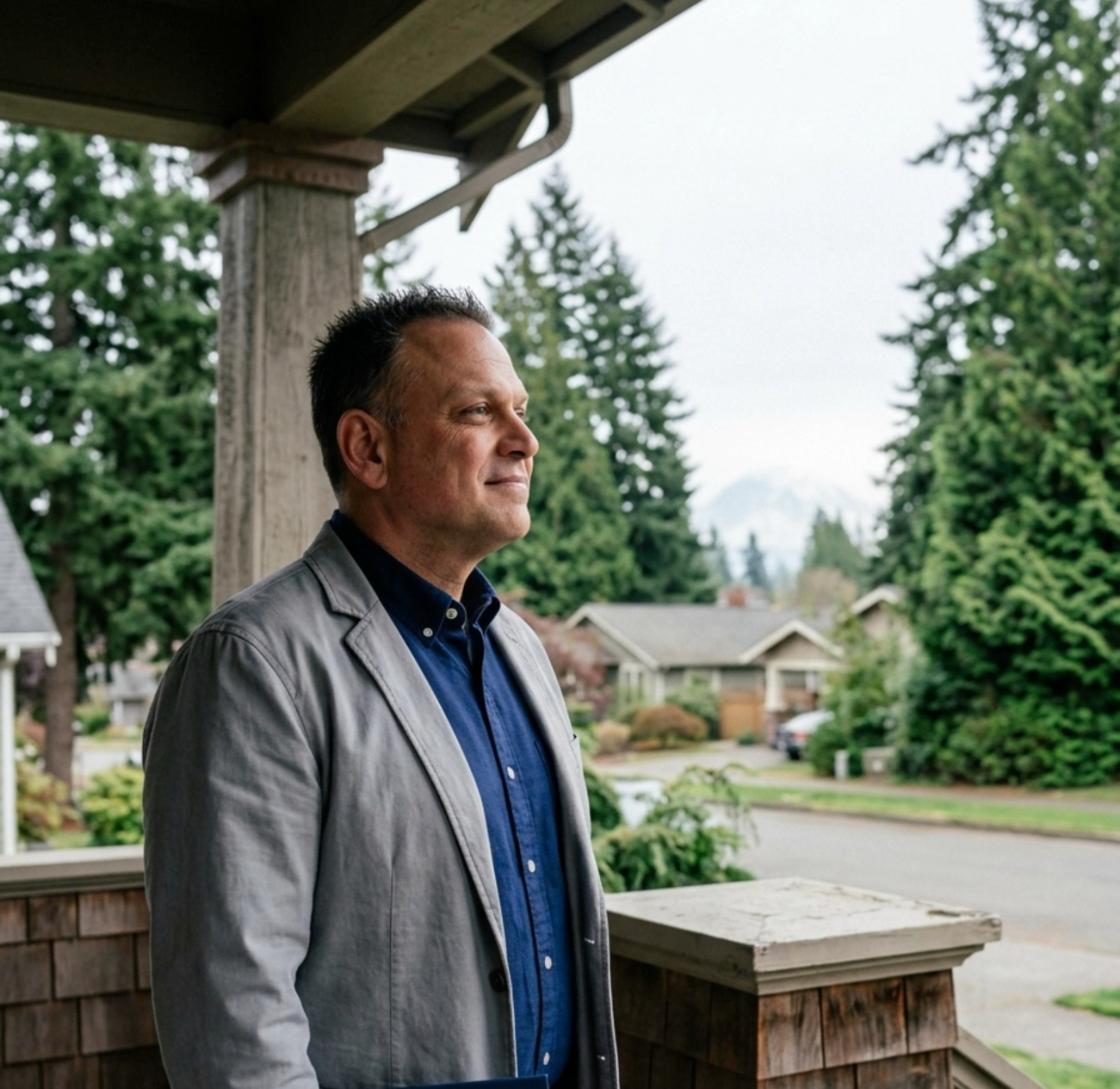Steve McNamer on the front porch of a craftsman home in Pierce County